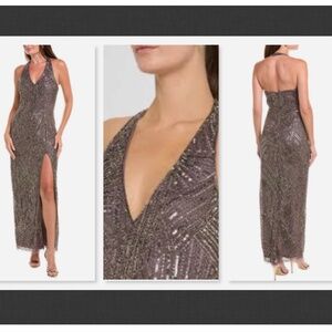 NWT $595 Aidan Mattox Beaded Side-Slit Halter Gown  Color moonstone Size 4